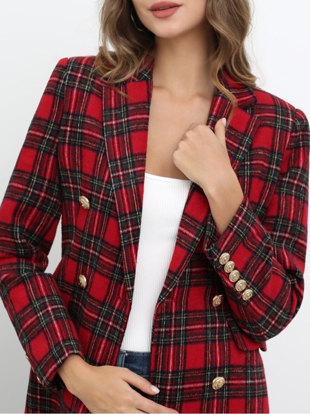 Zara Red Black Tartan Plaid Tweed Double Breasted Blazer Jacket Size Medium - Picture 2 of 12